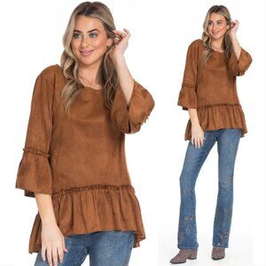 TRU LUXE Faux Suede Peplum Tunic TOP Size M Caramel Brown NEW $89
